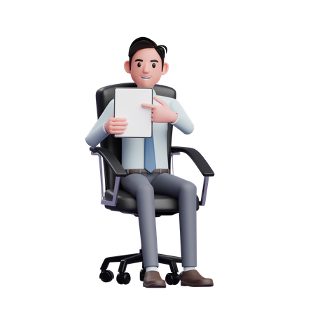 Young businessman sitting in office chair pointing tablet screen with finger  3D Illustration