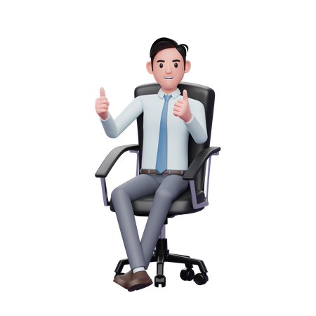 Young businessman sitting on chair giving two thumbs up  3D Illustration