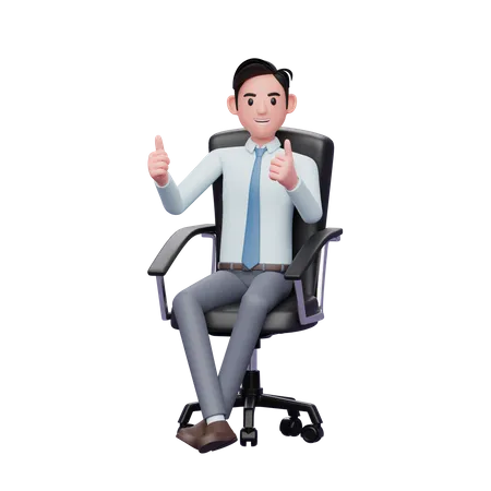 Young businessman sitting on chair giving two thumbs up  3D Illustration