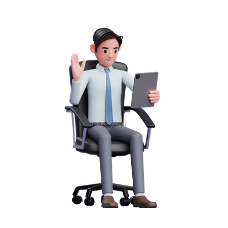Young businessman sitting on chair making video call with tablet  3D Icon