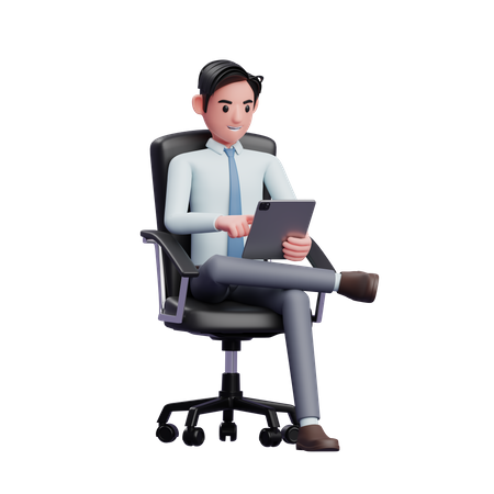 Young businessman sitting with crossed legs playing tablet  3D Icon