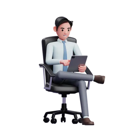 Young businessman sitting with crossed legs playing tablet  3D Illustration