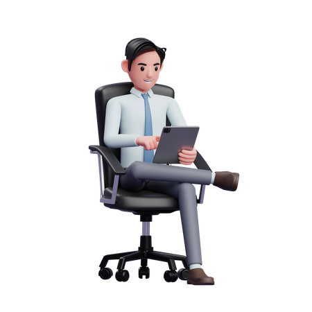 Young businessman sitting with crossed legs playing tablet 3D Illustration
