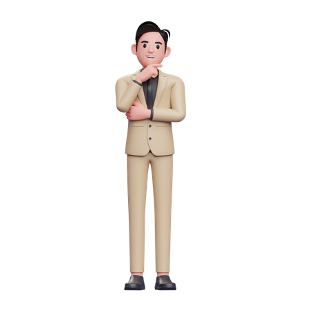 Young businessman standing with his hand on his chin in thinking gesture 3D Illustration