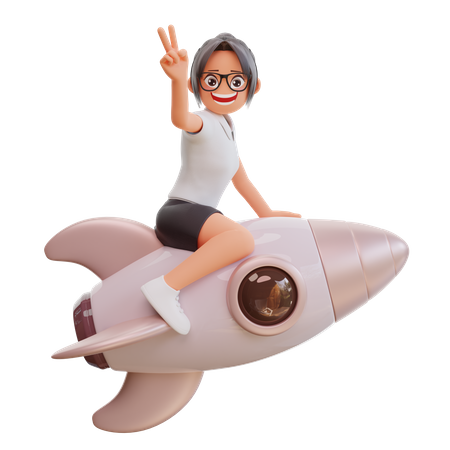 Young Businesswoman On Rocket  3D Illustration