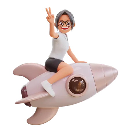 Young Businesswoman On Rocket  3D Illustration