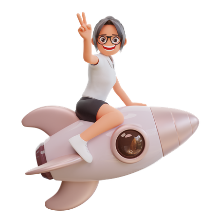 Young Businesswoman On Rocket 3D Illustration