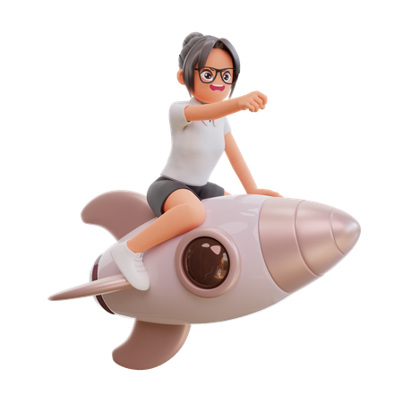 Young Businesswoman With Rocket 3D Illustration
