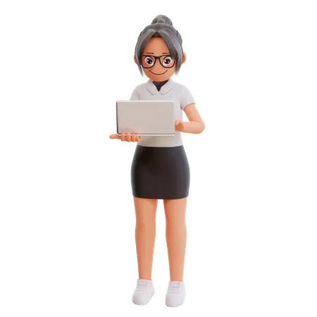 Young businesswoman working on laptop 3D Illustration