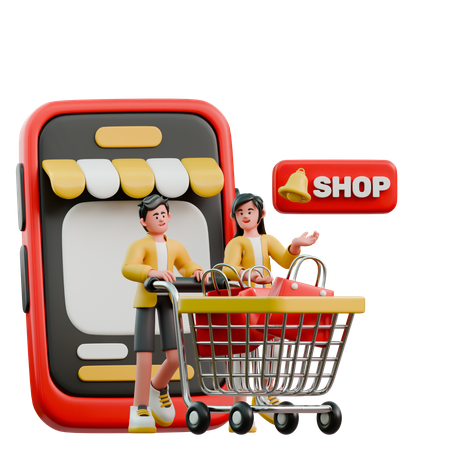 Young Couple Buying One Shopping Basket In Online Shop  3D Illustration