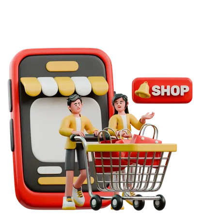 Young Couple Buying One Shopping Basket In Online Shop  3D Illustration