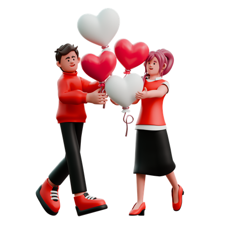 Young Couple Carrying Balloons  3D Illustration