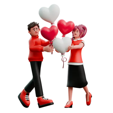 Young Couple Carrying Balloons  3D Illustration