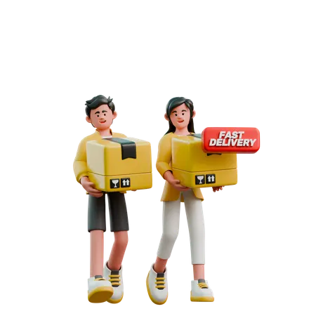 Young Couple Carrying Package  3D Illustration