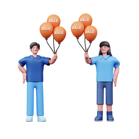 Young Couple Carrying Promotional Balloons  3D Illustration