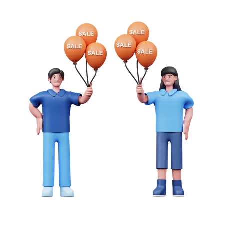 Young Couple Carrying Promotional Balloons  3D Illustration
