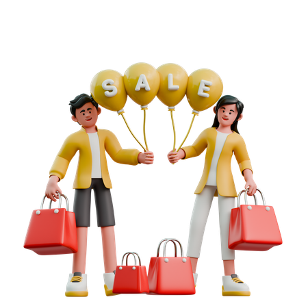 Young Couple Carrying Promotional Balloons  3D Illustration