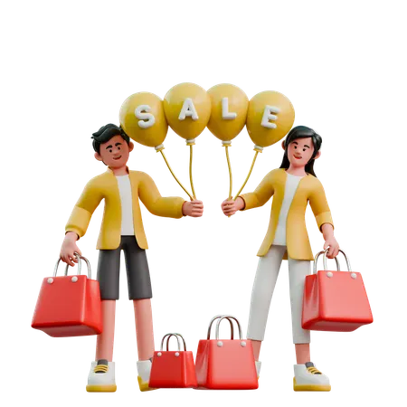 Young Couple Carrying Promotional Balloons  3D Illustration