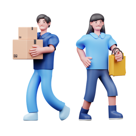 Young Couple Carrying Shopping Bag  3D Illustration