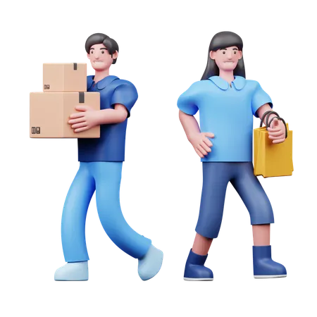 Young Couple Carrying Shopping Bag  3D Illustration
