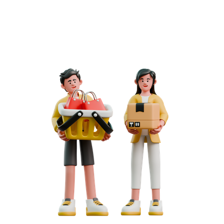 Young Couple Carrying Shopping Bags  3D Illustration