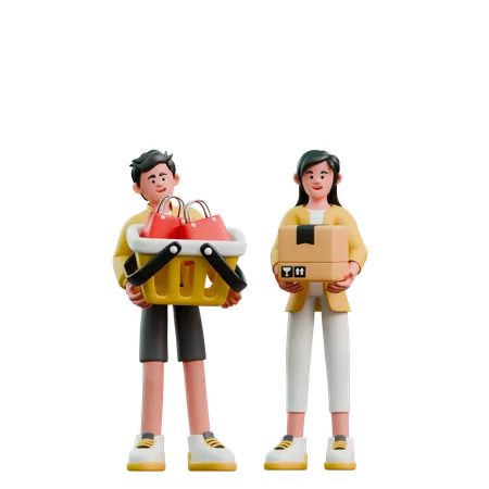 Young Couple Carrying Shopping Bags  3D Illustration