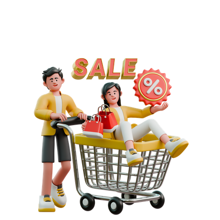 Young Couple Carrying Shopping Trolley  3D Illustration