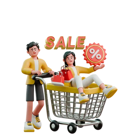 Young Couple Carrying Shopping Trolley  3D Illustration
