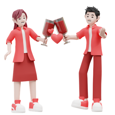 Young Couple Cheers Wine  3D Illustration