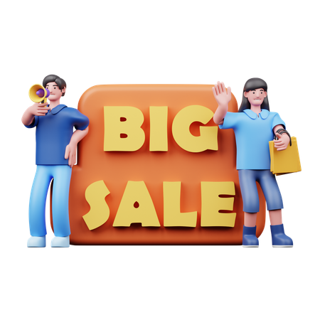 Young Couple Doing Big Sale Promotion  3D Illustration