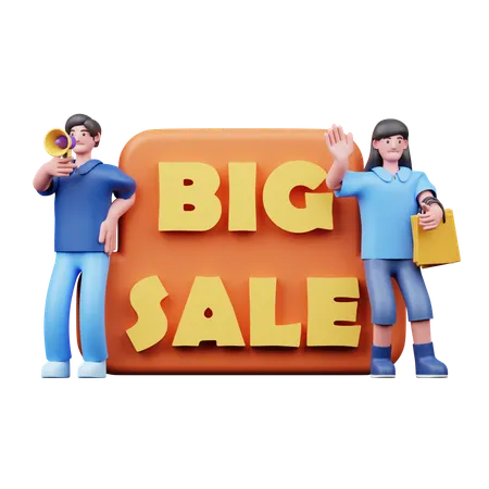 Young Couple Doing Big Sale Promotion  3D Illustration
