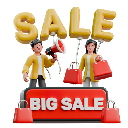 Young Couple Doing Shopping During Big Sale  3D Illustration