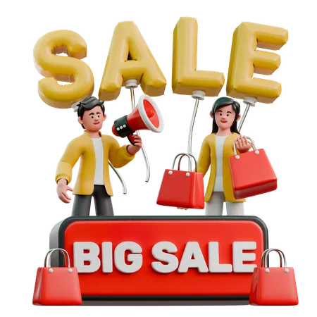 Young Couple Doing Shopping During Big Sale  3D Illustration