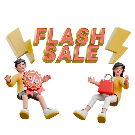 Young Couple Doing Shopping During Flash Sale  3D Illustration