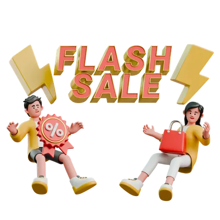 Young Couple Doing Shopping During Flash Sale  3D Illustration