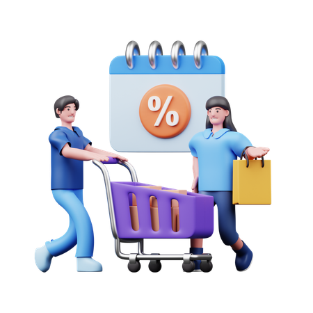 Young Couple Doing Shopping In Discount Date  3D Illustration