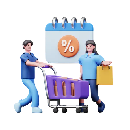 Young Couple Doing Shopping In Discount Date  3D Illustration