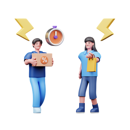 Young Couple Doing Shopping In Flash Sale  3D Illustration