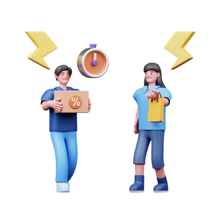 Young Couple Doing Shopping In Flash Sale  3D Illustration