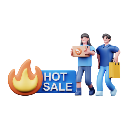 Young Couple Doing Shopping In Hot Sale  3D Illustration