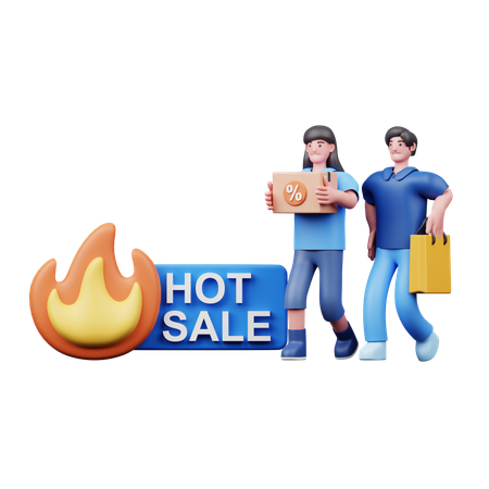 Young Couple Doing Shopping In Hot Sale  3D Illustration