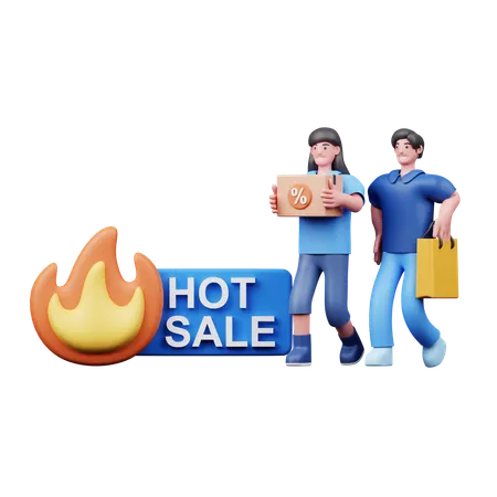 Young Couple Doing Shopping In Hot Sale  3D Illustration