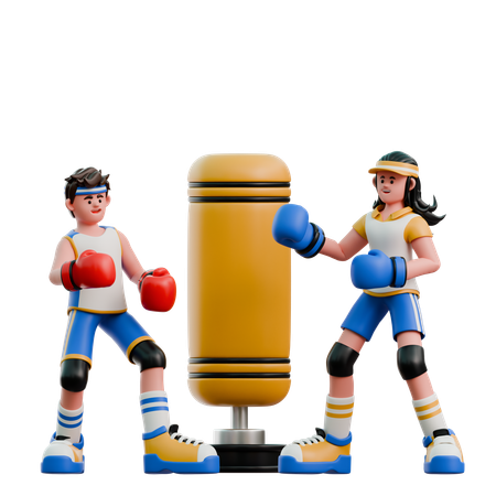 Young Couple Exercising Boxing  3D Illustration