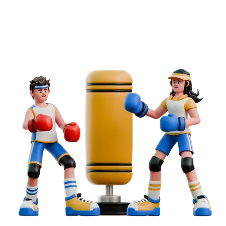 Young Couple Exercising Boxing  3D Illustration