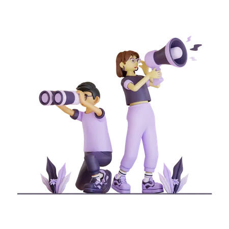 Young Couple Finding Something And Shouting  3D Illustration