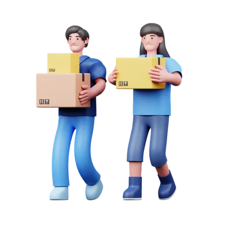 Young Couple Holding Delivery Package  3D Illustration