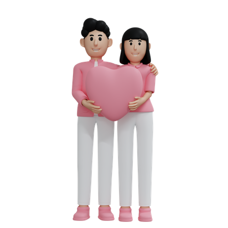 Young couple holding heart together 3D Illustration