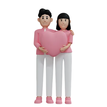 Young couple holding heart together 3D Illustration