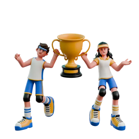 Young Couple Lifting Trophy  3D Illustration