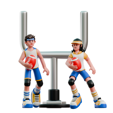 Young Couple Playing American Football  3D Illustration